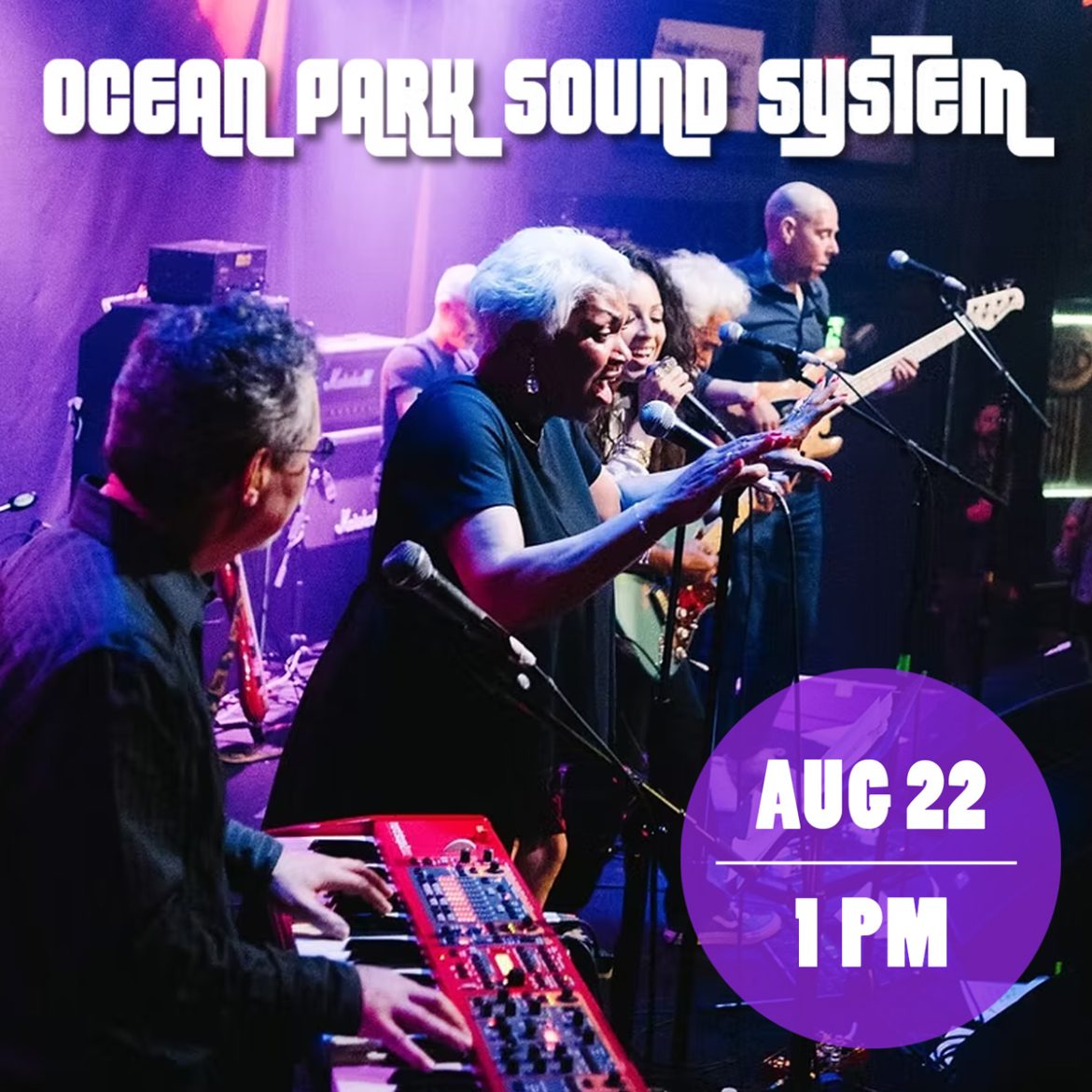 A live performance by the band Ocean Park Sound System, featuring a keyboardist in the foreground, lead vocalists singing into microphones, and a bassist on stage under purple stage lighting. A purple circle in the bottom right corner reads 'august 22 1 PM'
